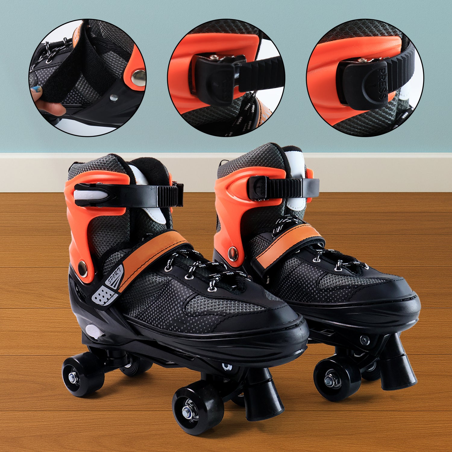 Pair of Wukusy 19401 knx xl adjustable quad roller skates for sports, featuring sturdy wheels and classic design.