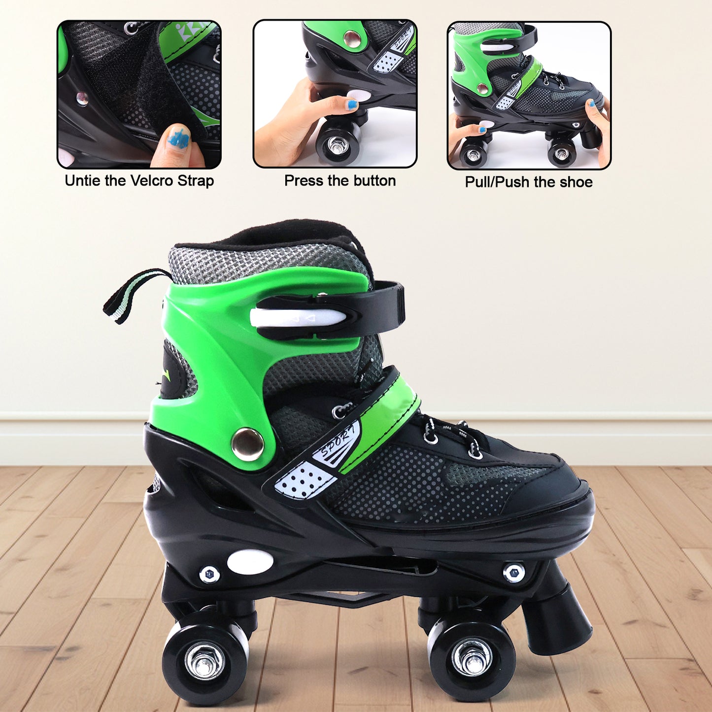 Wukusy adjustable quad roller skates for kids, large size, featuring four wheels and supportive straps, designed for fun and active play.