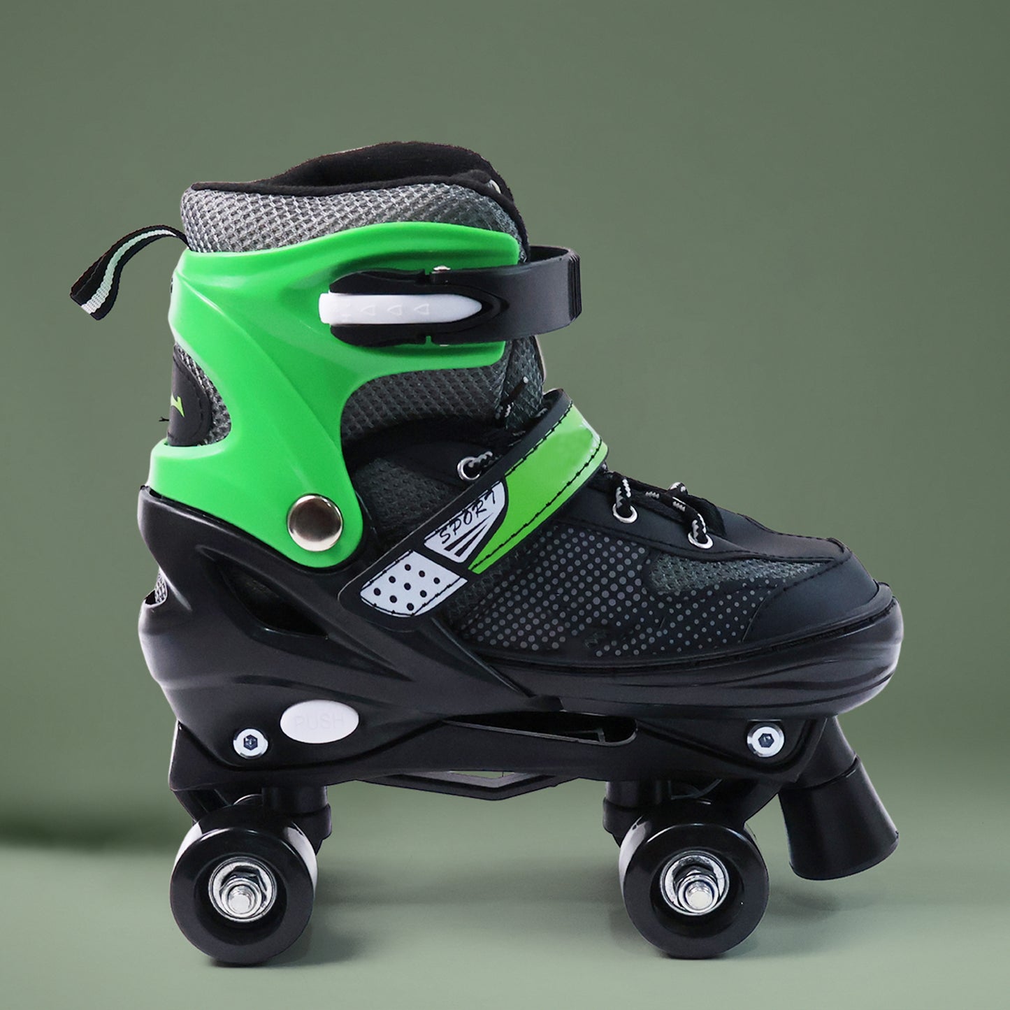 Wukusy adjustable quad roller skates for kids, large size, with four wheels and safety straps, designed for outdoor skating.