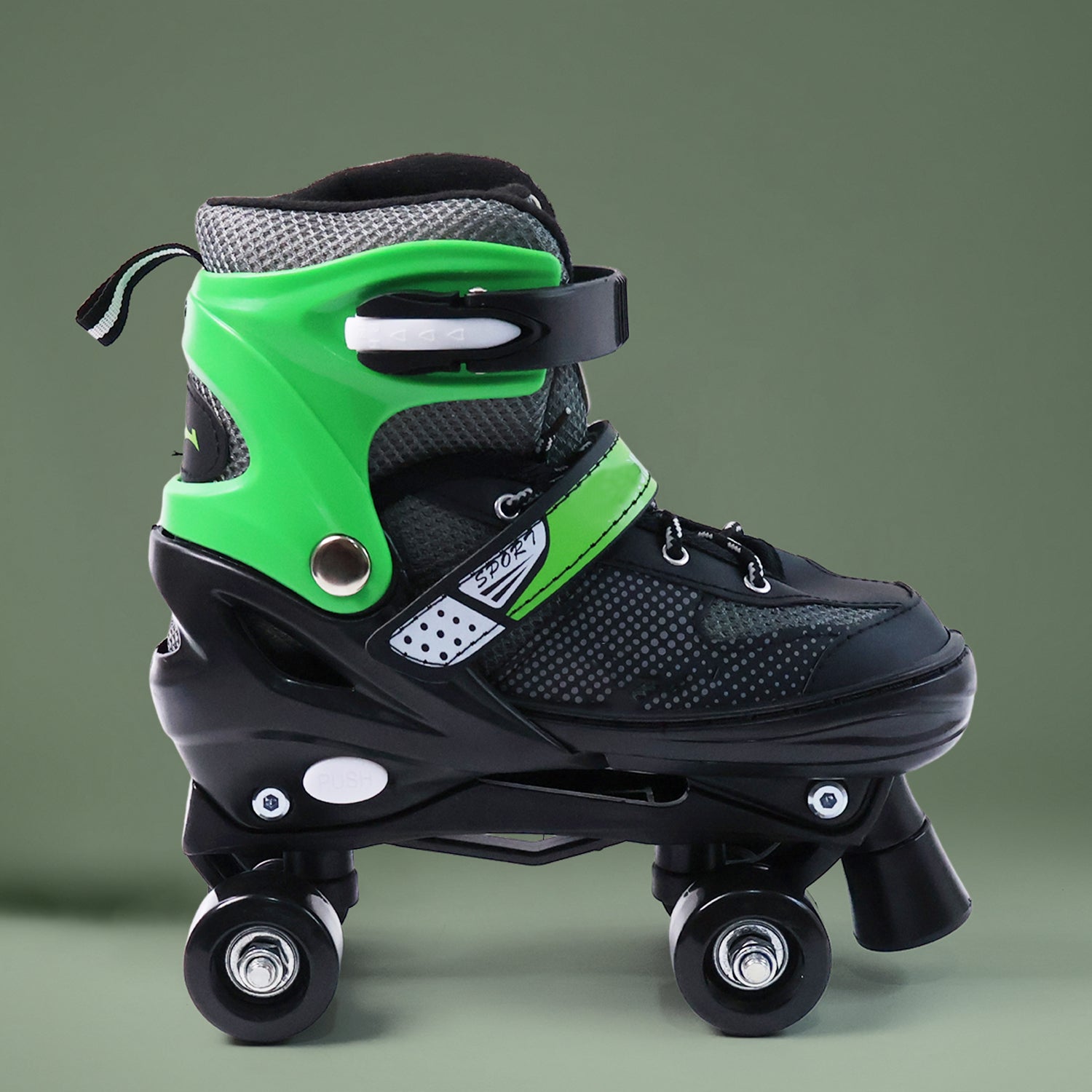 Wukusy adjustable quad roller skates for kids, large size, with four wheels and safety straps, designed for outdoor skating.
