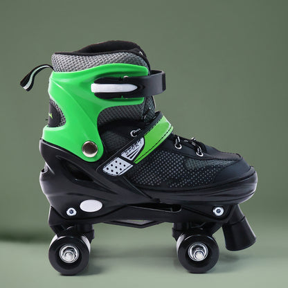 Wukusy adjustable quad roller skates for kids, large size, with four wheels and safety straps, designed for outdoor skating.