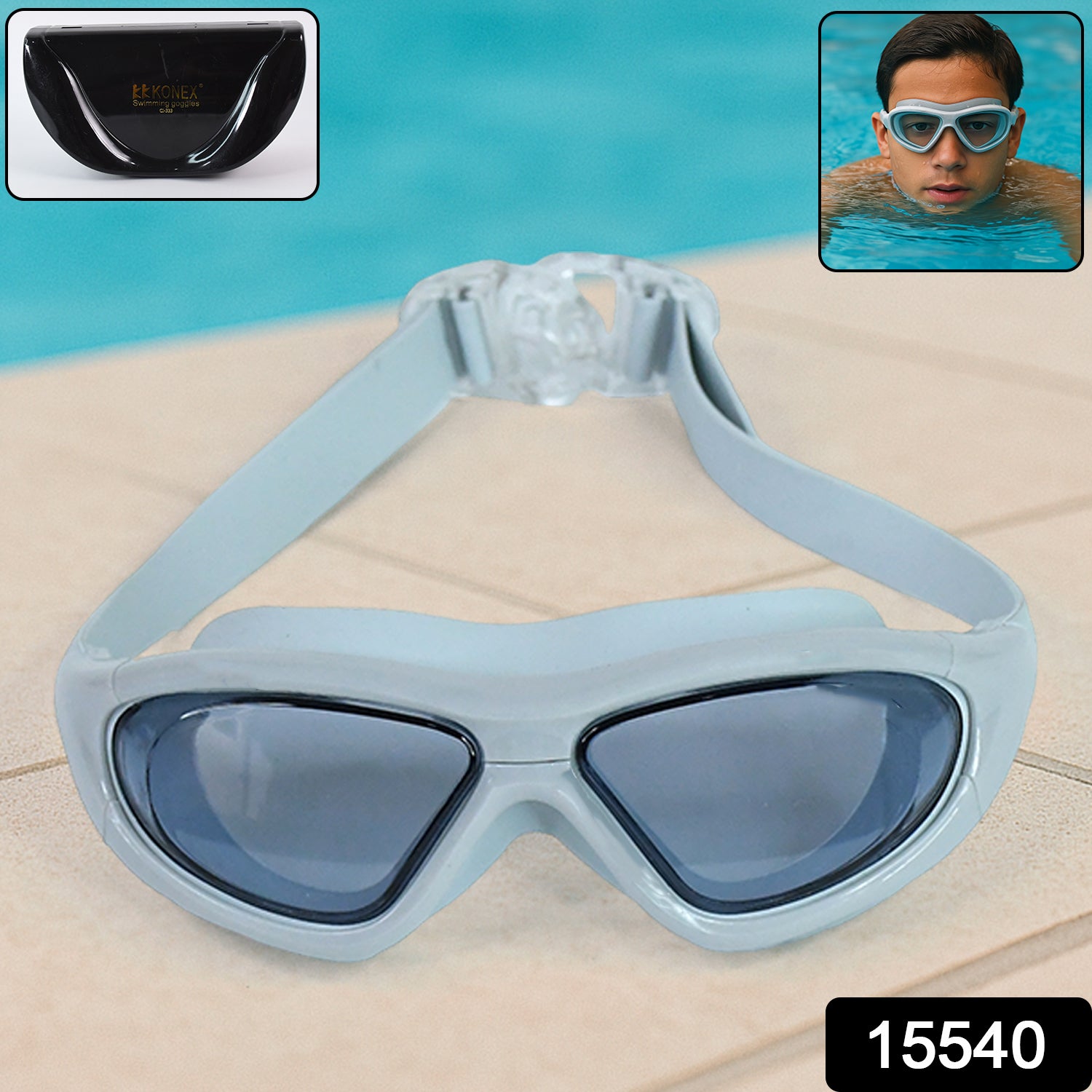 Wukusy premium wide vision swimming goggles with clear lenses and protective hard case, perfect for swimming sports.