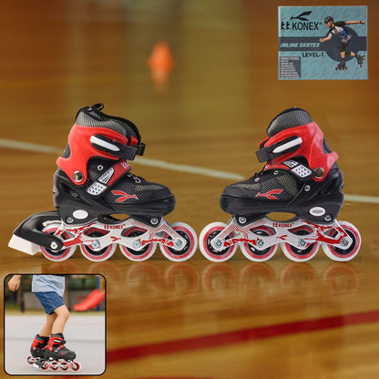 Pair of Wukusy professional adjustable inline skates for kids and adults, featuring medium size and sporty design.