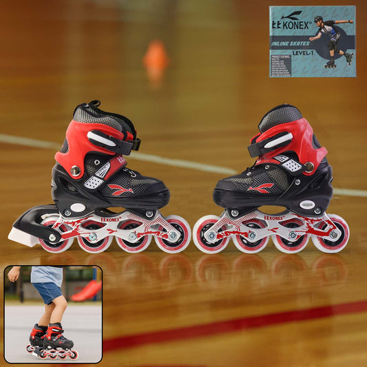 Pair of Wukusy professional adjustable inline skates for kids and adults, featuring medium size and sporty design.
