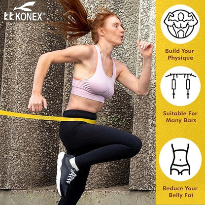 Set of five Wukusy resistance loop exercise bands for strength training and physical therapy, shown in a natural workout setting.