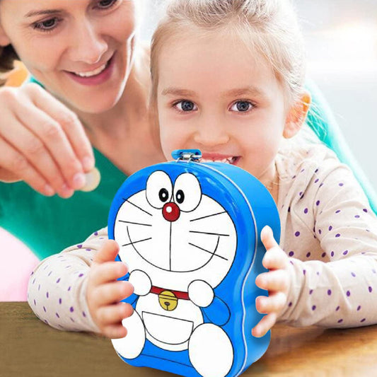 Wukusy cartoon character metal piggy bank coin box, toy money box with a playful cartoon design for saving coins.