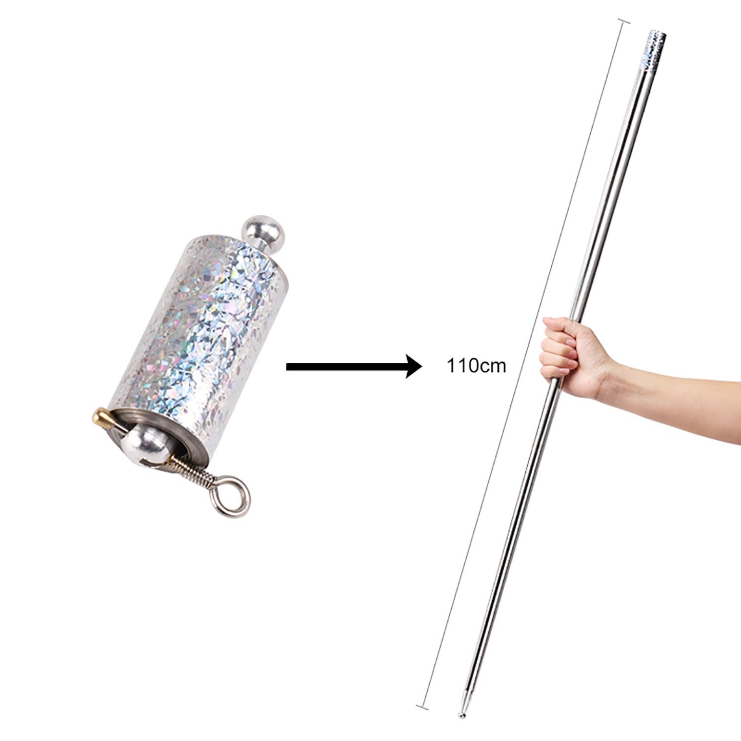 Silver appearing steel magic cane toy by Wukusy, a high-elasticity metal magic toy for kids, featuring a sleek, shiny steel finish.