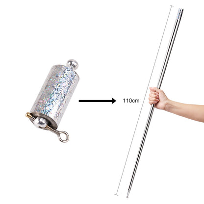 Silver appearing steel magic cane toy by Wukusy, a high-elasticity metal magic toy for kids, featuring a sleek, shiny steel finish.