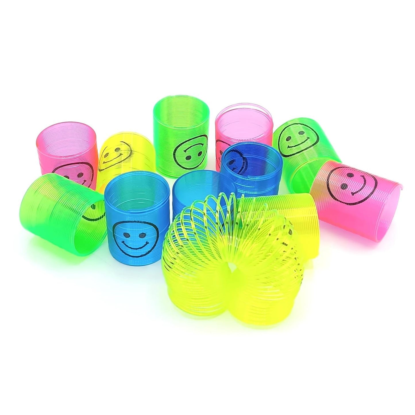 Set of 12 multicolor Wukusy spring toys with smiley faces, compact and portable for kids, perfect for birthdays and fun.