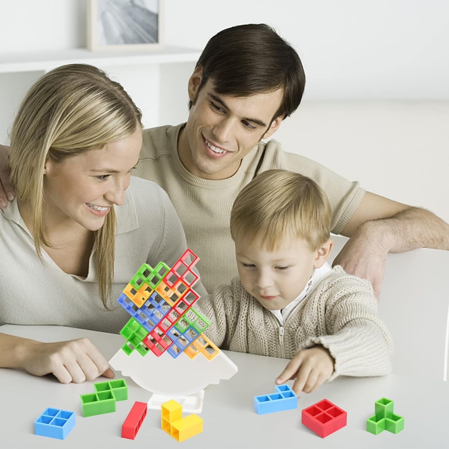 Wukusy 3D Tower Balance Game with 16 stacking blocks for kids and adults, featuring colorful building blocks for age 3+ years.