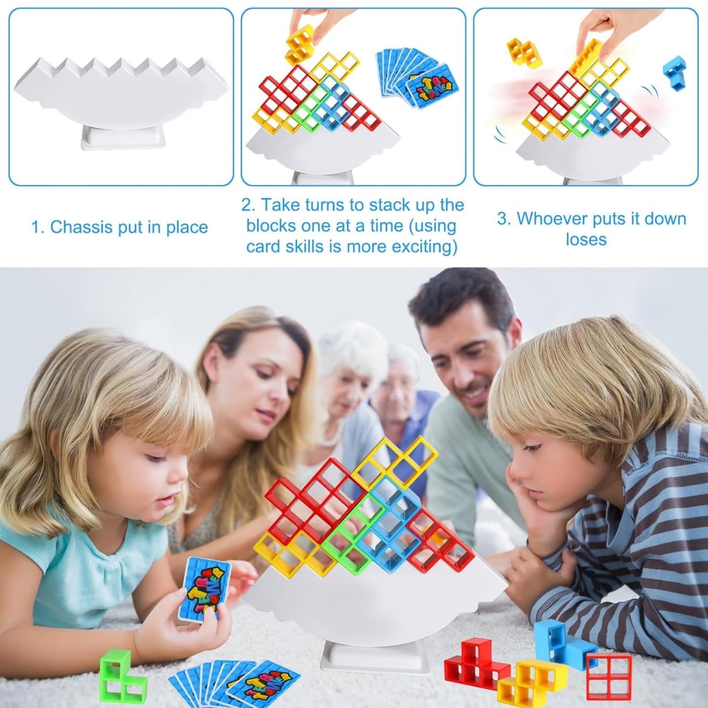 Wukusy 16-piece 3D tower stacking game with colorful blocks for kids and adults, promoting balance and building fun.