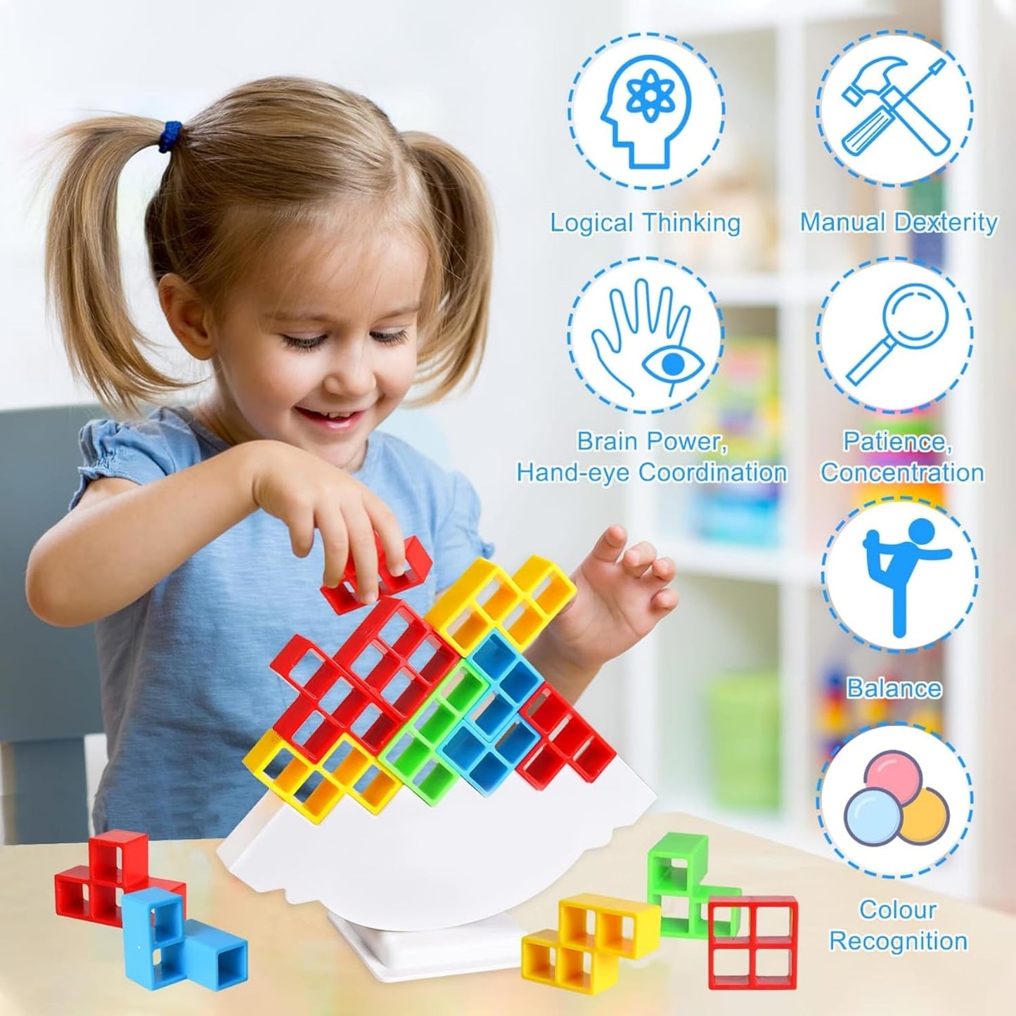 Wukusy 3D Tower Balance and Stacking Blocks toy set with 16 colorful pieces for kids aged 3+ to build and balance.