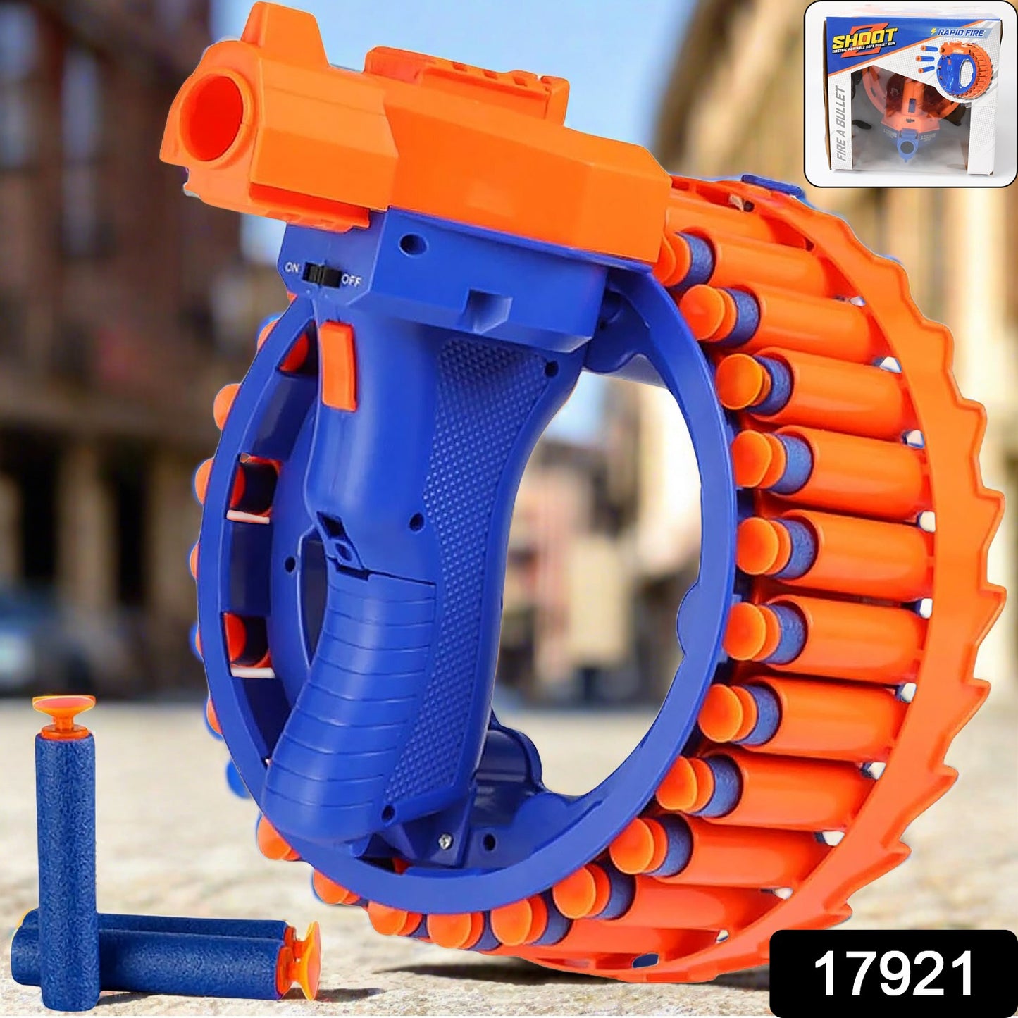Wukusy electric toy gun for children with 28 soft bullets, handheld ring wheel design, safe and fun toy gift for kids.