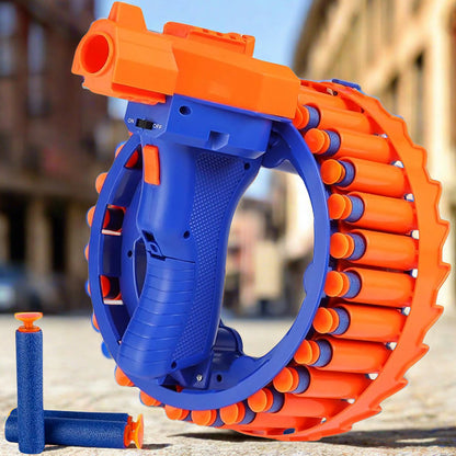 Wukusy electric toy gun for children with 28 soft bullets, featuring a hand ring wheel design for safe, fun play.