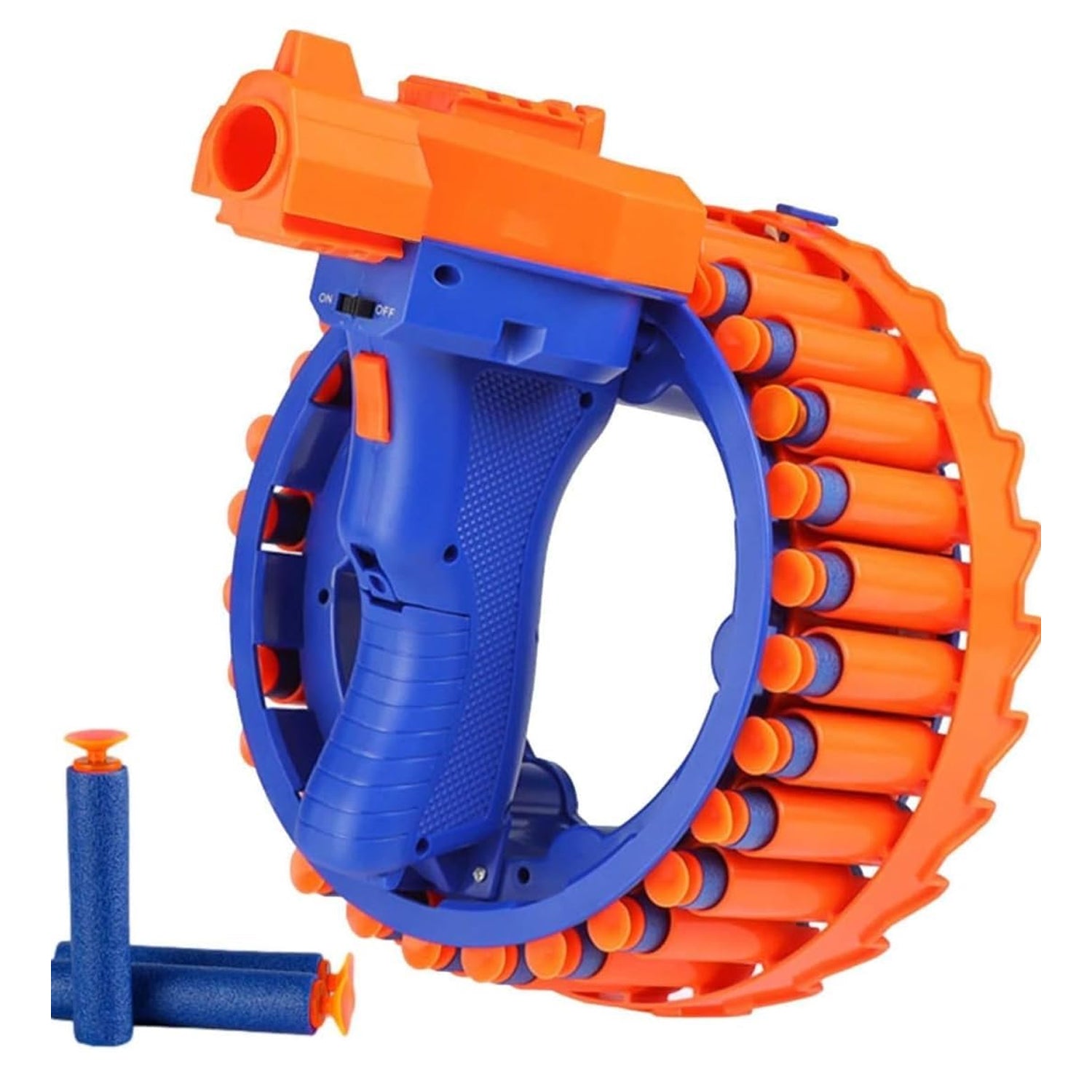 Wukusy electric toy gun for children with 28 soft bullets, featuring a hand ring wheel design, safe for youth play.