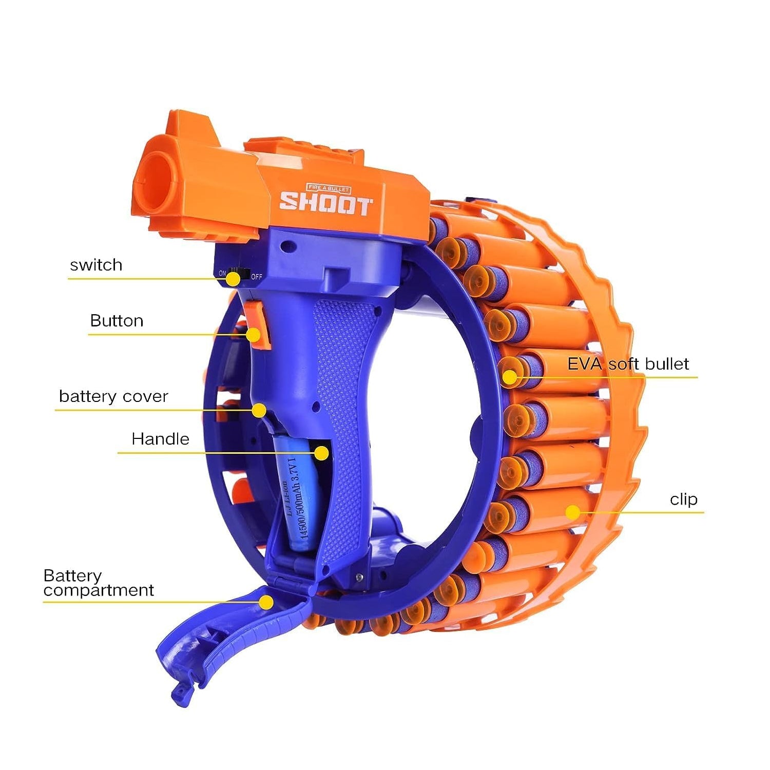 Wukusy electric toy gun for children with 28 soft bullets, featuring a hand ring wheel and safe, playful design for kids.
