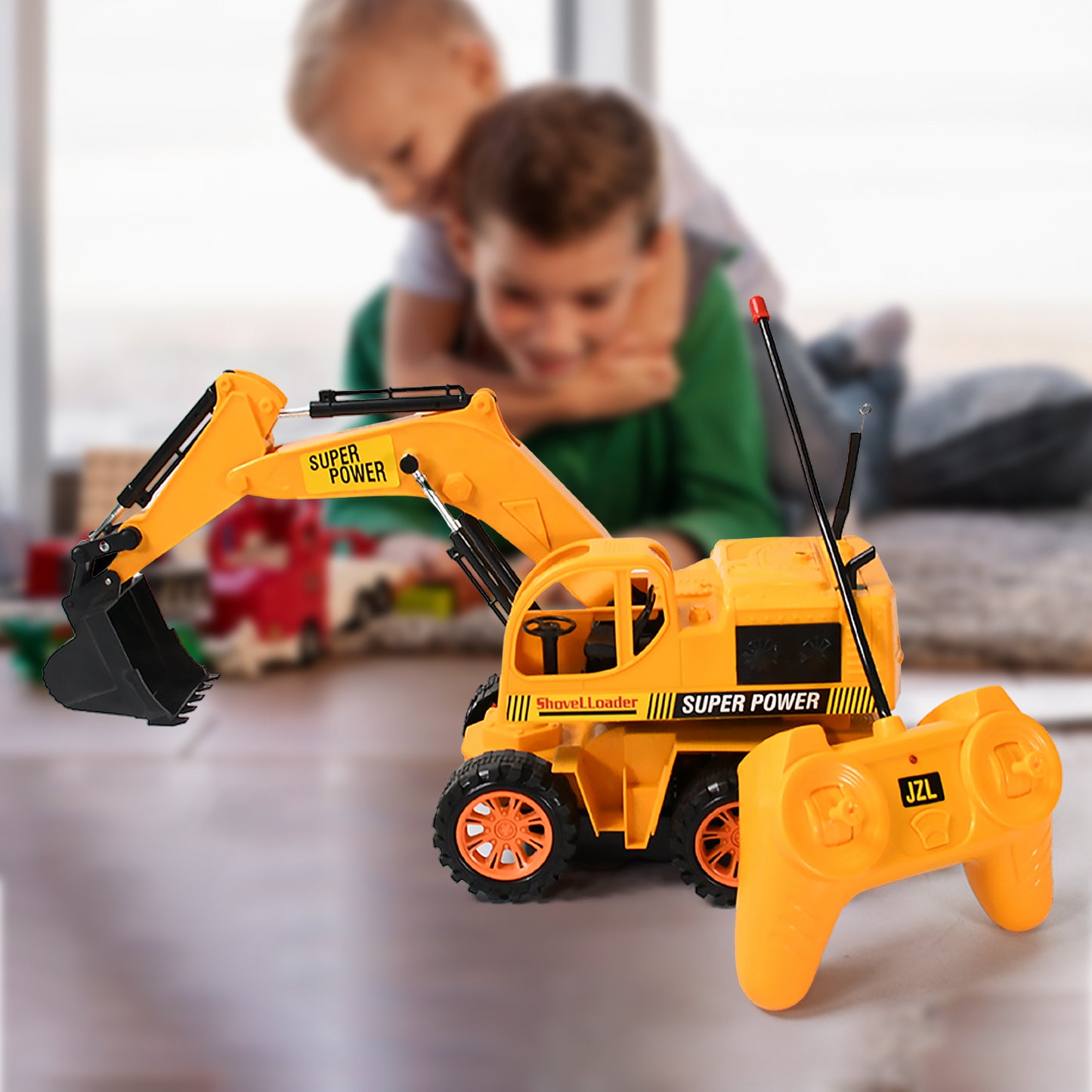 Wukusy plastic JCB construction toy truck with remote control, designed for kids and boys, featuring realistic construction details.