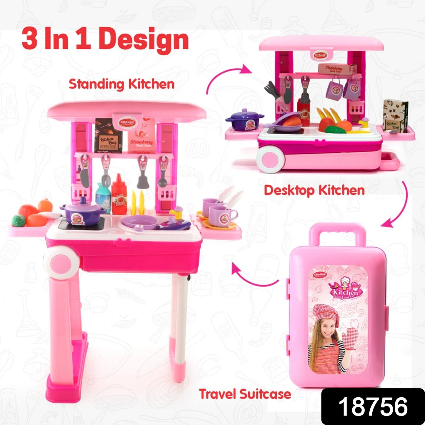 Wukusy 3-in-1 kids kitchen set with toys and suitcase for pretend play, featuring colorful utensils and cooking accessories.