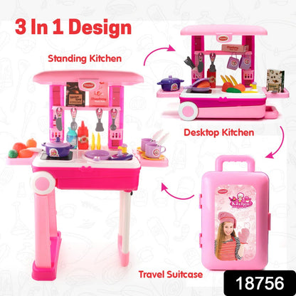 Wukusy 3-in-1 kids kitchen set with toys and suitcase for pretend play, featuring colorful utensils and cooking accessories.