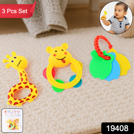 Three colorful animal-shaped baby rattle toys from Wukusy, soft plastic with bright colors and easy-to-grip designs for infants.