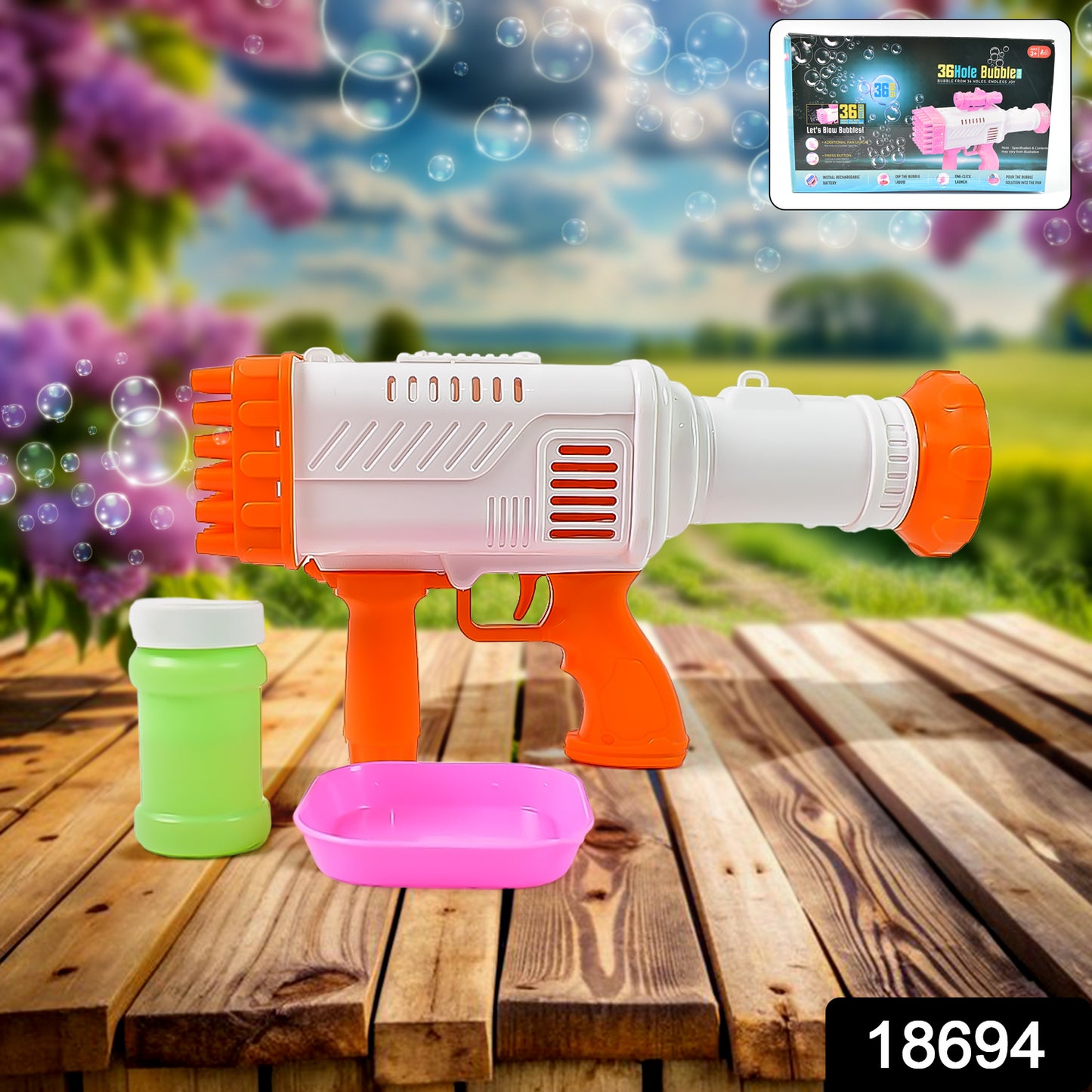 Wukusy 36-hole rechargeable bubble gun toy set with a large, powerful bubble machine for outdoor fun.