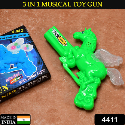 Wukusy 4411 musical laser light effect gun toy for kids, featuring colorful light projections and playful design.