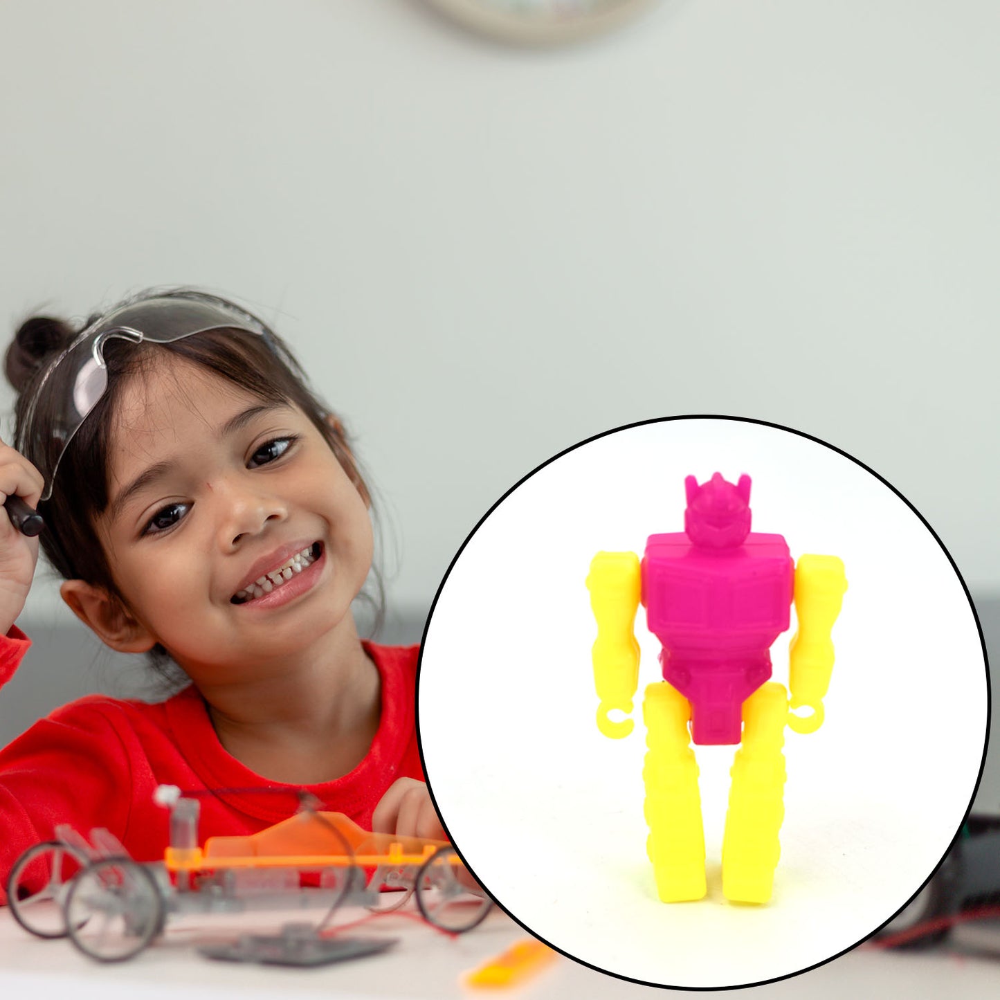 Small Wukusy robot toy with colorful design and articulated limbs, perfect for kids' play and imaginative fun.