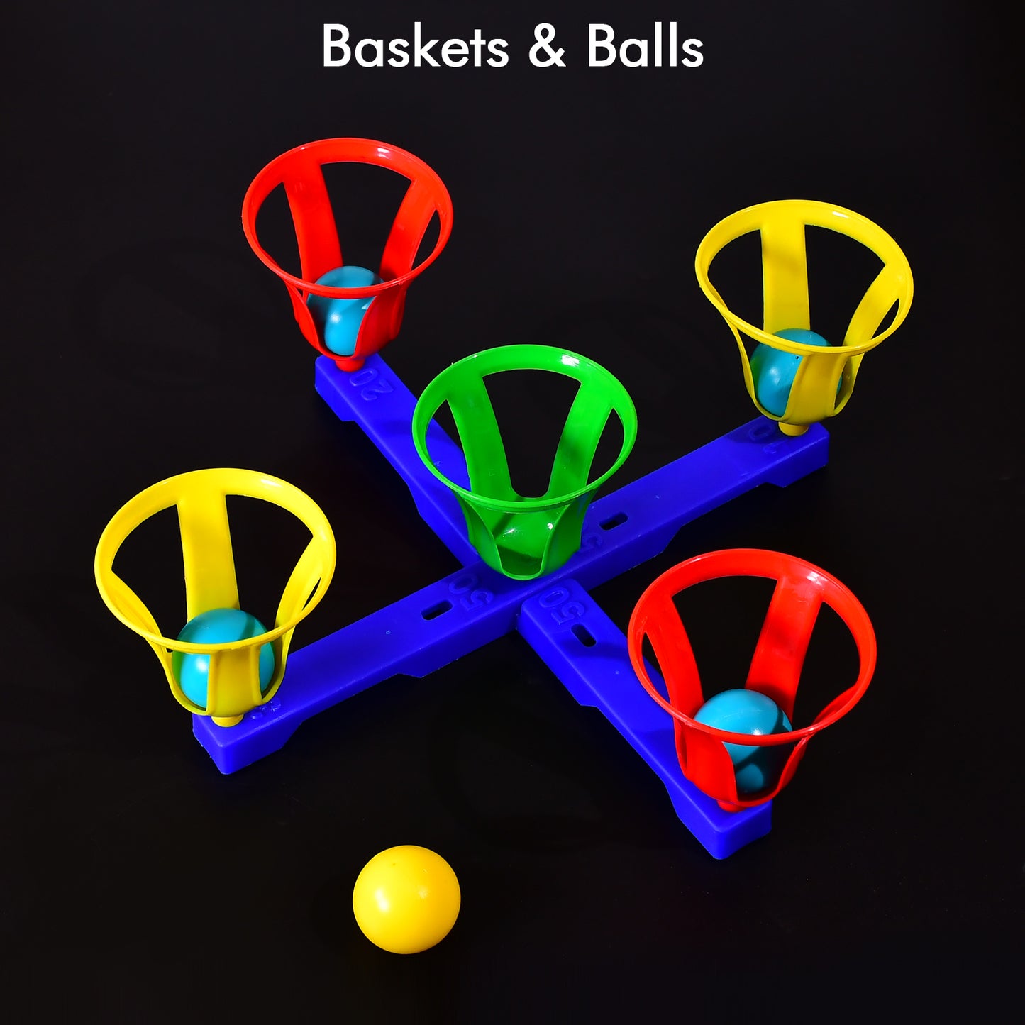 Wukusy Baskets and Balls toy for kids, featuring five colorful baskets and five matching balls for fun play and sorting activities.