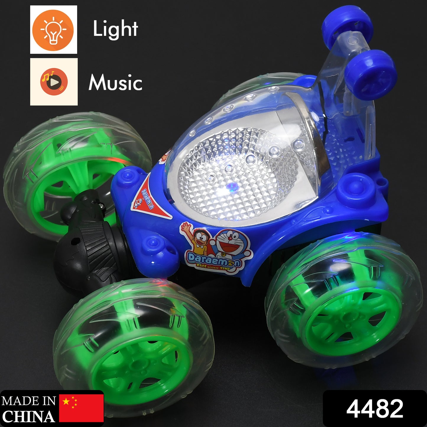 Wukusy rechargeable remote control toy car with 360-degree stunt rolling, colorful 3D lights, and music for kids.