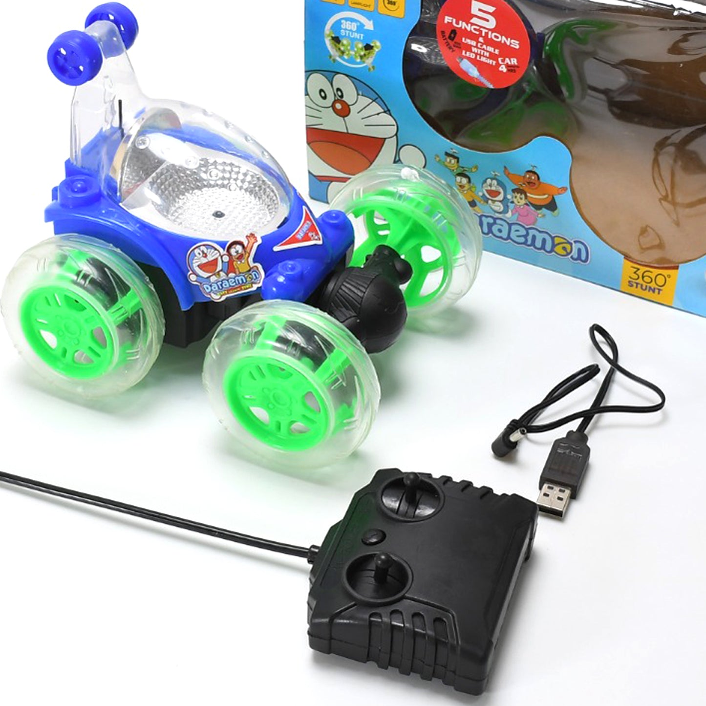 Wukusy 4482 Rechargeable 360° stunt remote control car with colorful 3D lights, music, and rolling action for kids.