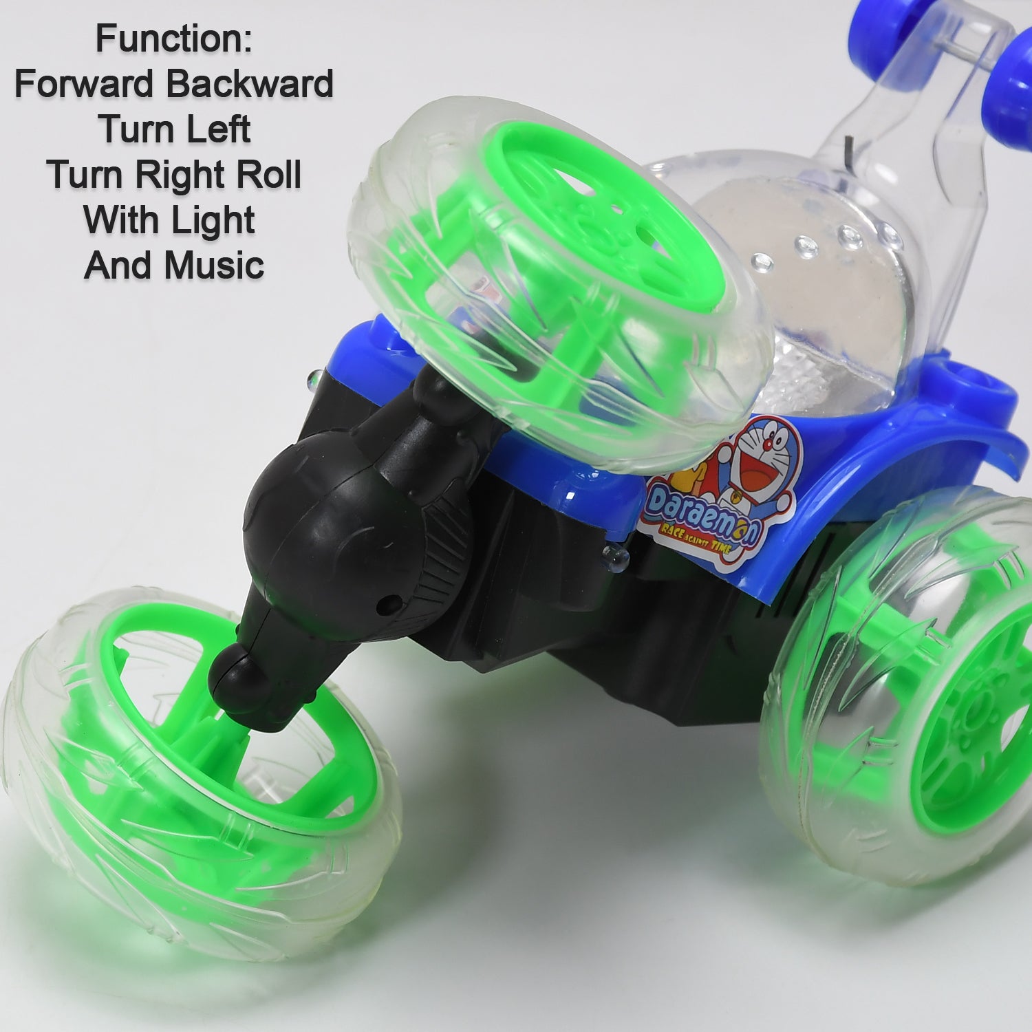 Wukusy rechargeable 360-degree stunt remote control car for kids with colorful 3D lights and music, toy vehicle for play and fun.
