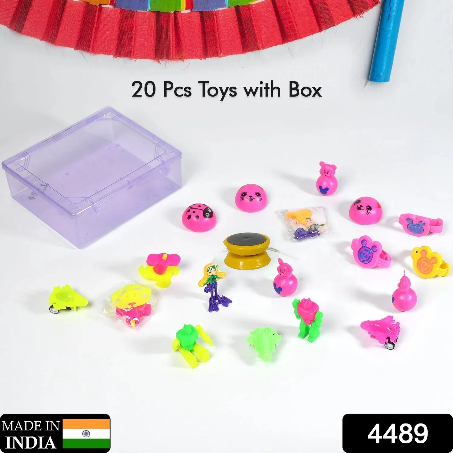 Wukusy 4489 20-piece toy set with plastic commander container, includes various colorful play toys for kids.