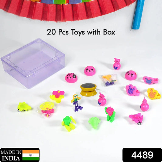 Wukusy 4489 20-piece toy set with plastic commander container, includes various colorful play toys for kids.