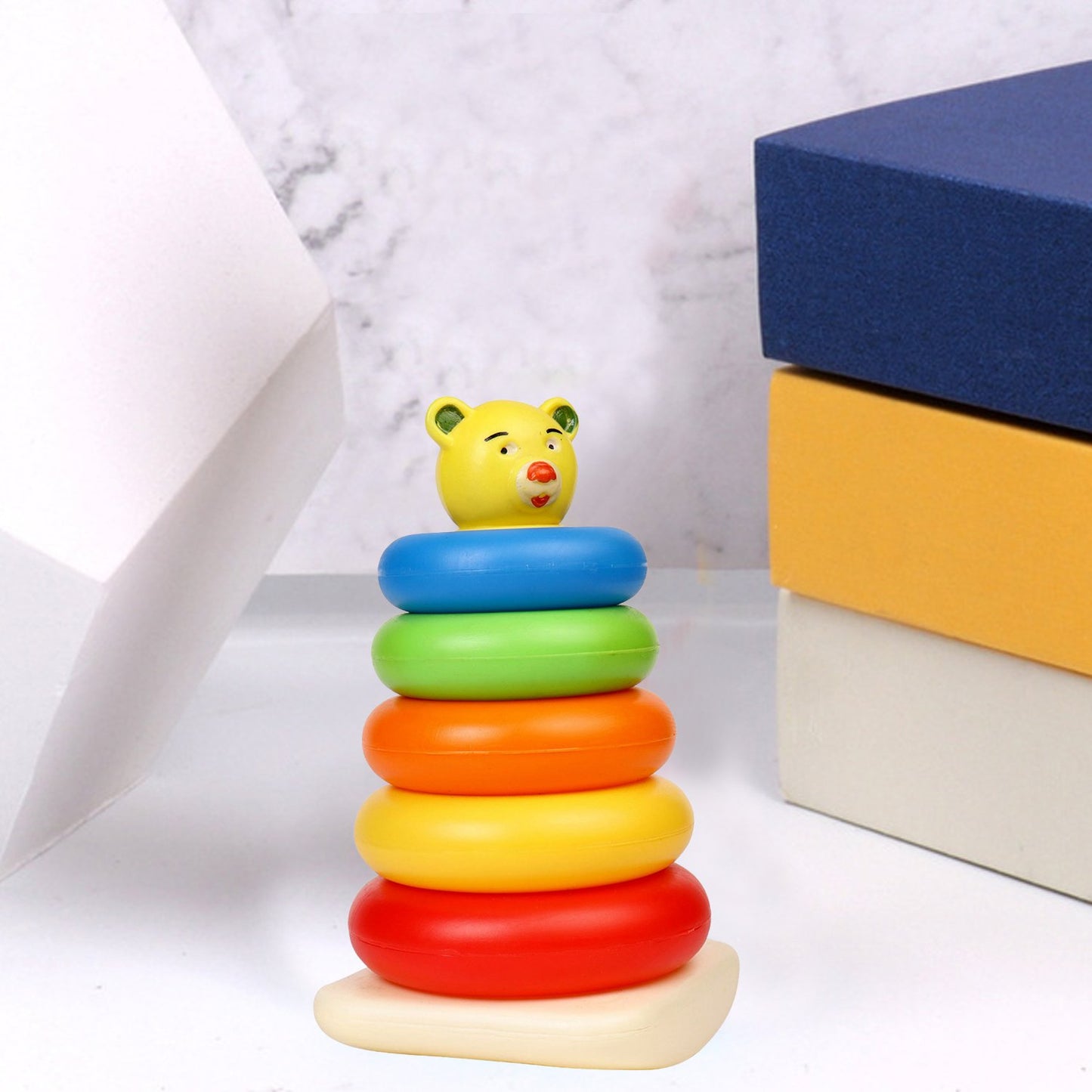 Wukusy plastic baby stacking toy with colorful teddy bear rings, designed for kids’ educational and developmental play.