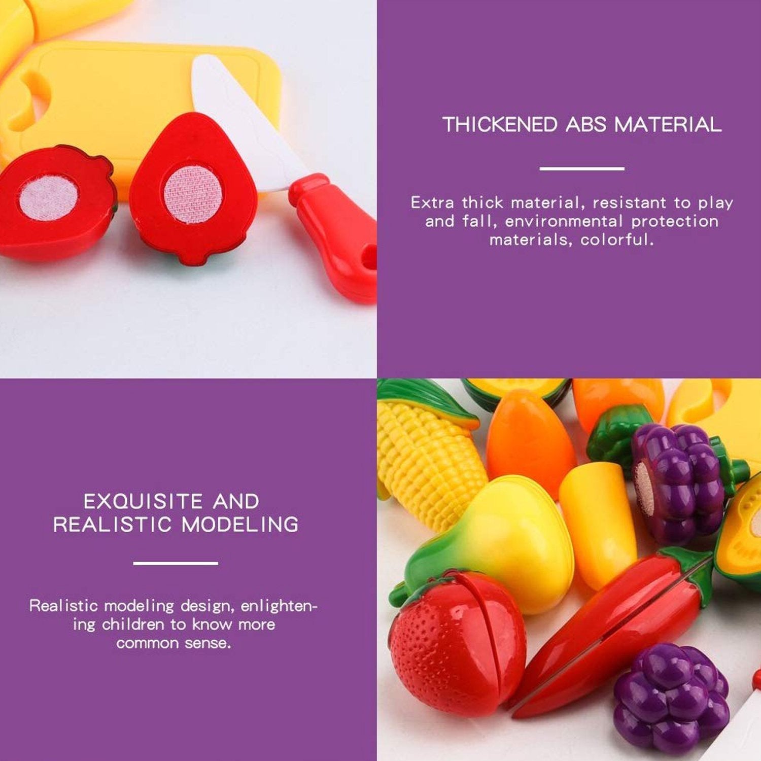 Wukusy Plastic Fruits and Veggies toy set featuring realistic sliceable fruits and vegetables for imaginative play.