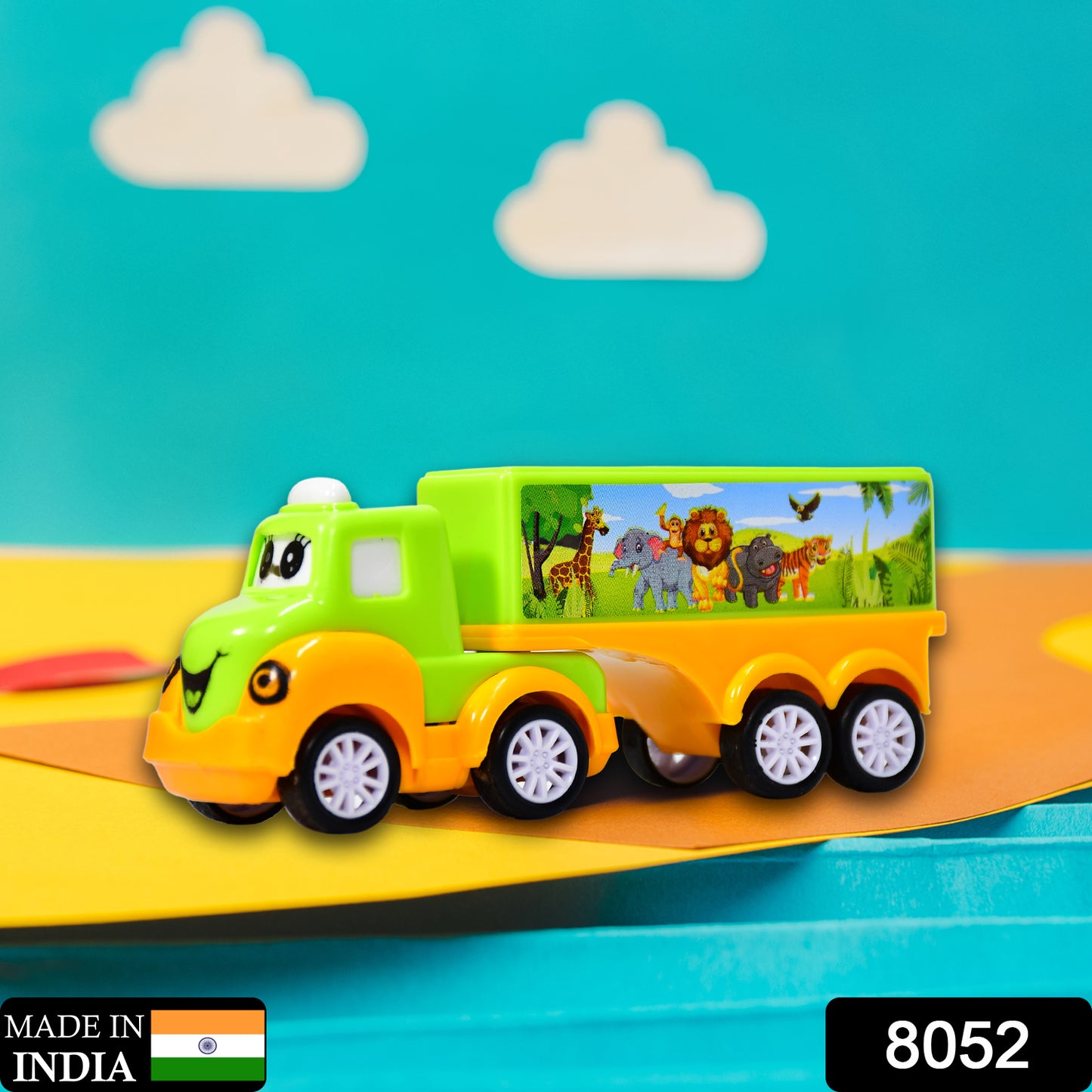 Small green and yellow Wukusy toy truck for kids, featuring a compact design and colorful details perfect for play.