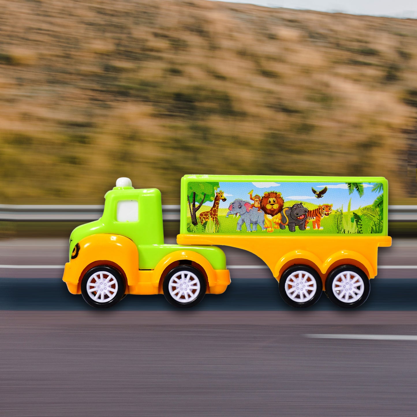 Small green and yellow Wukusy toy truck, colorful plastic toy vehicle for children, part of Wukusy toy collection.