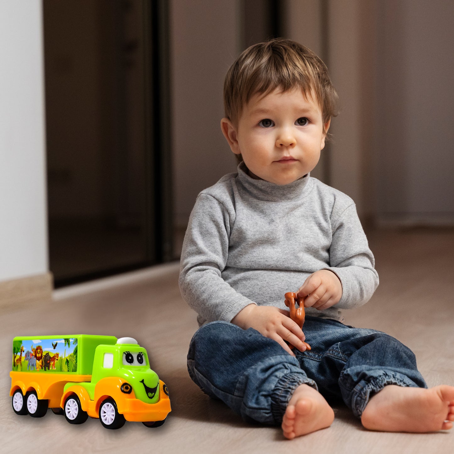 Small green and yellow Wukusy toy truck for children, featuring a detailed design and durable plastic construction.