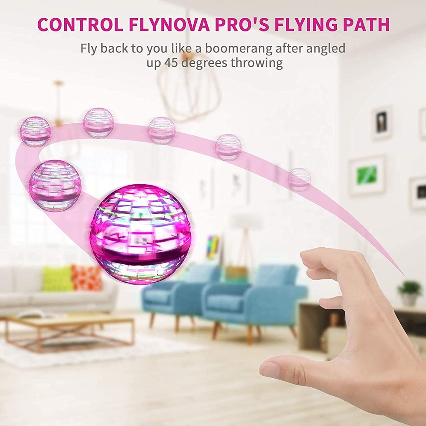 Wukusy Flying Ball toy with RGB lights, 360° rotation, mini boomerang design, built-in controller, and spinning orb features.
