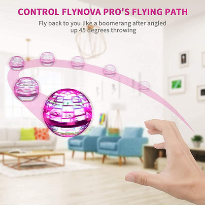 Wukusy Flying Ball toy with RGB lights, 360° rotation, mini boomerang design, built-in controller, and spinning orb features.