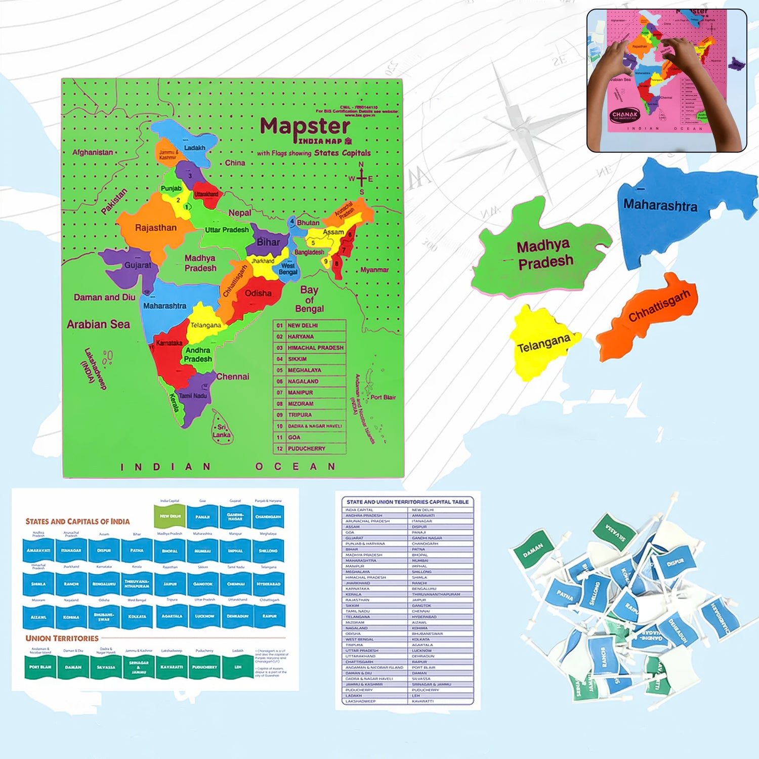 Wukusy Aditi Mapster India Map Eva Foam Puzzle Set for children, featuring colorful puzzle pieces of India's map, educational toy.
