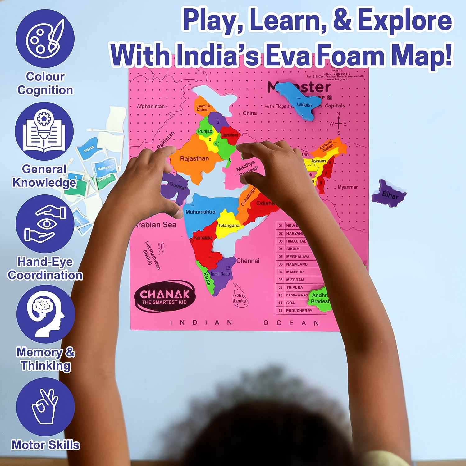 Wukusy Aditi Mapster India Map EVA foam puzzle set featuring colorful, educational toy pieces for learning geography.