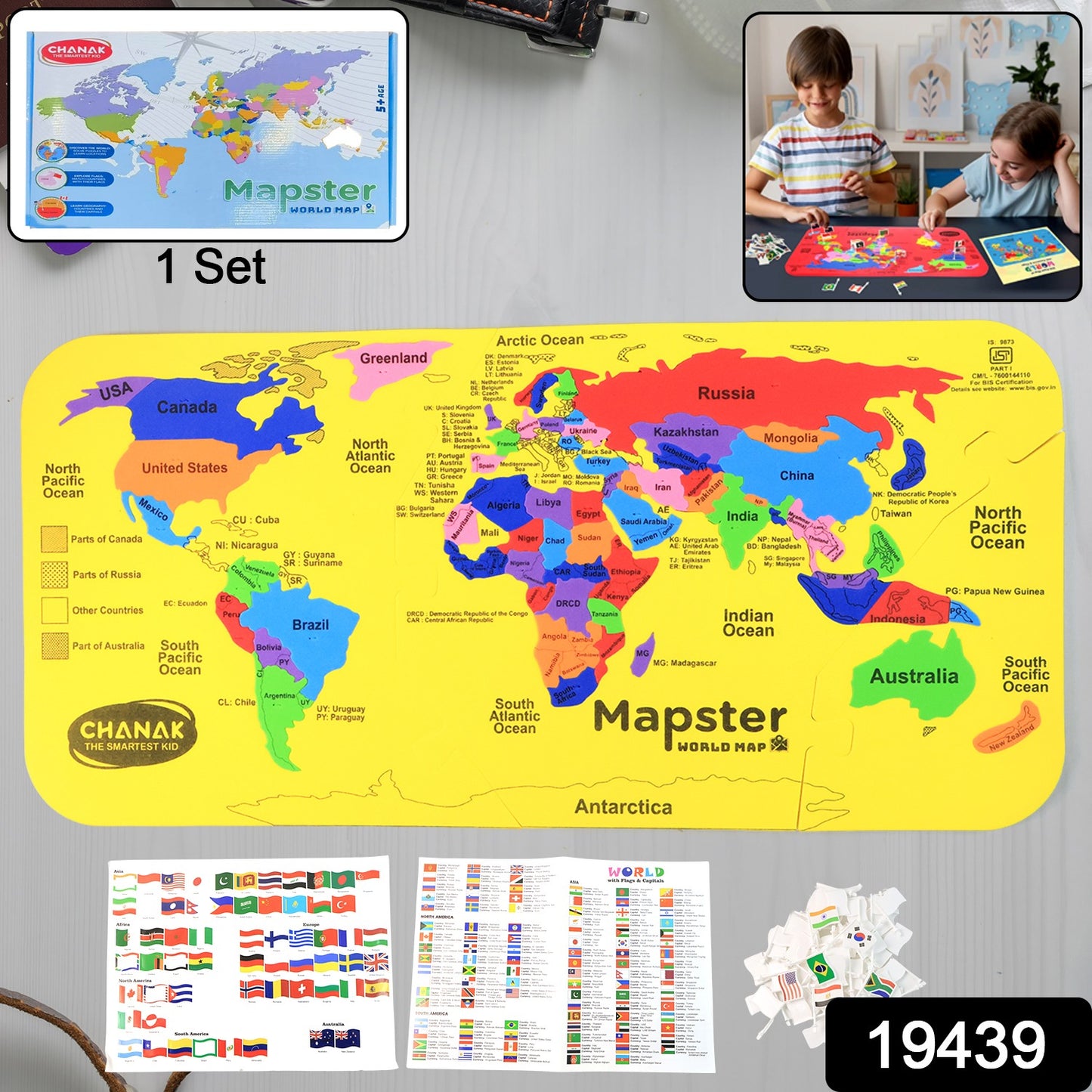 Wukusy Aditi Mapster World Map Eva Foam Puzzle Set with colorful foam puzzle pieces of a world map for kids.