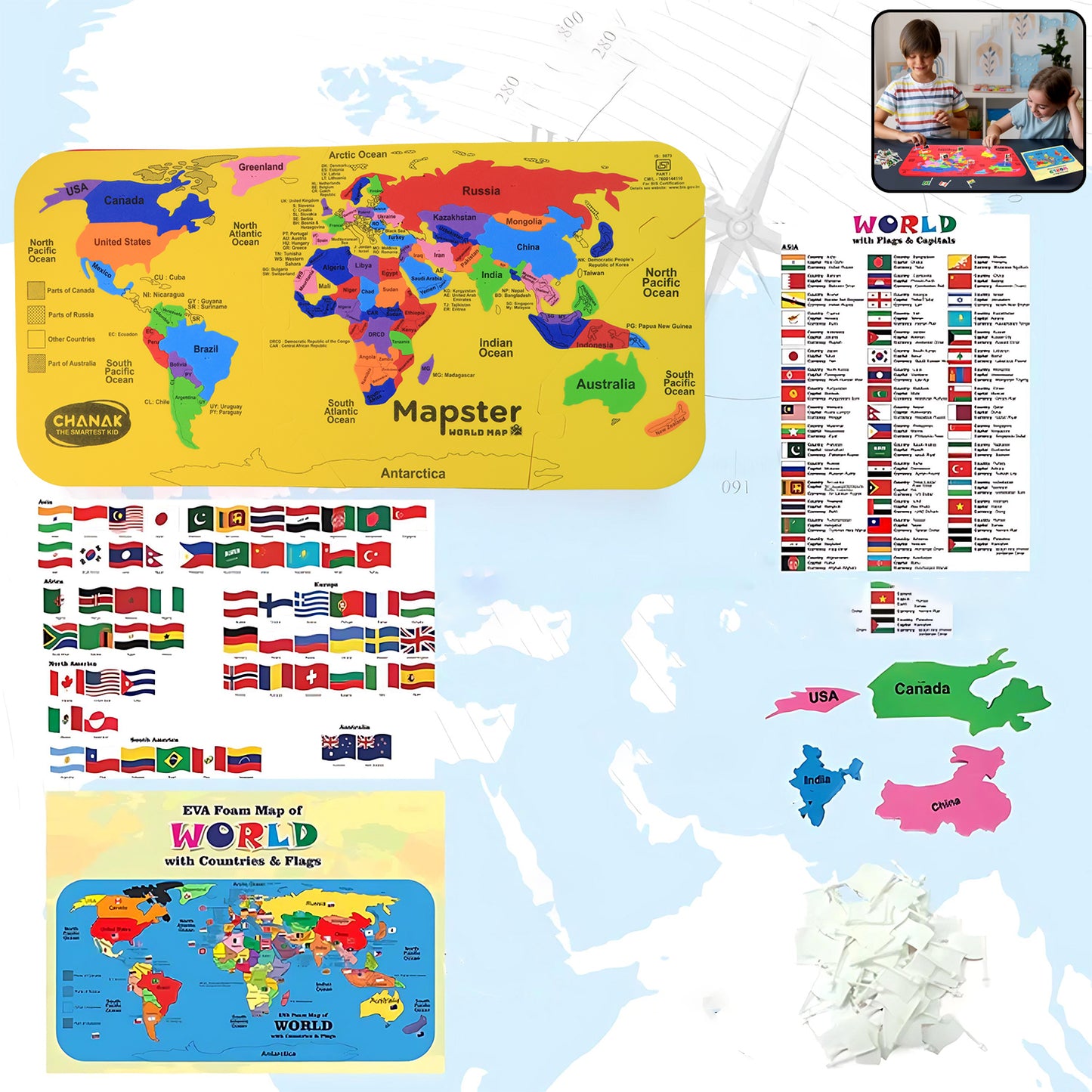 Wukusy Aditi Mapster World Map Eva Foam Puzzle Set for kids, featuring colorful, interlocking foam puzzle pieces of a world map.