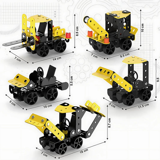 Wukusy Aditi Stem Educational Mecha Racer DIY construction toy kit with colorful parts and assembled mecha racer model.