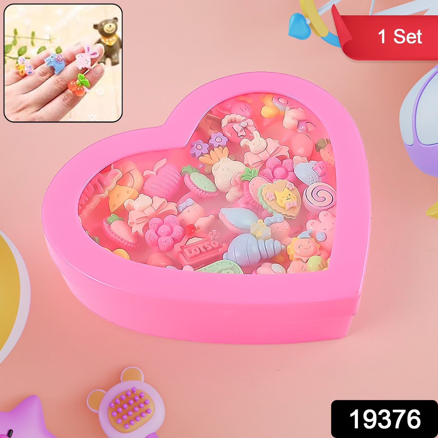 Wukusy playful decorative toy rings for children in heart-shaped storage box, set of 35 colorful plastic rings for kids' play.