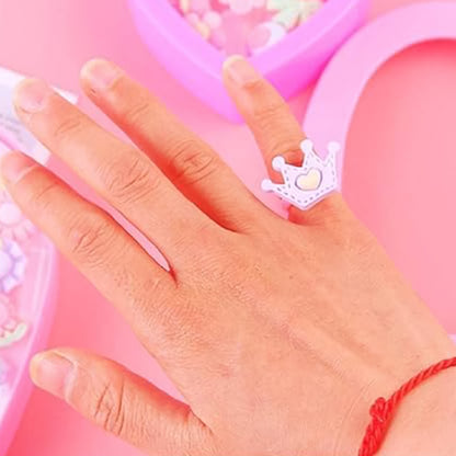 Set of 35 playful decorative rings for children by Wukusy in a heart-shaped storage box, colorful and fun toy jewelry for kids.