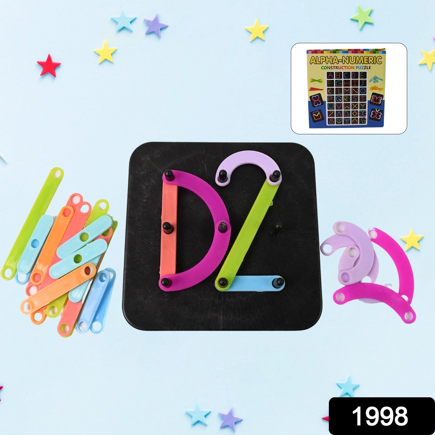 Wukusy alphabet construction puzzle with colorful alpha-numeric pieces for educational play and problem-solving.
