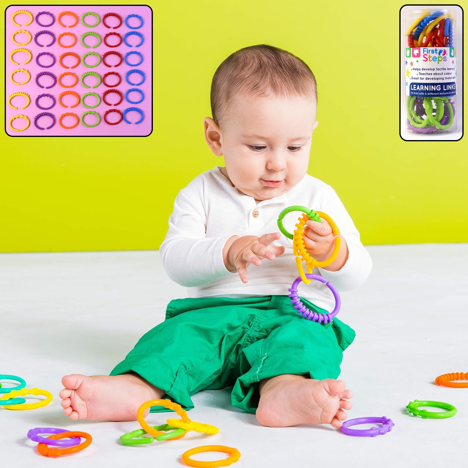 Wukusy Baby Learning Links Educational Toy 36-piece set with colorful plastic links and rings for developmental play.