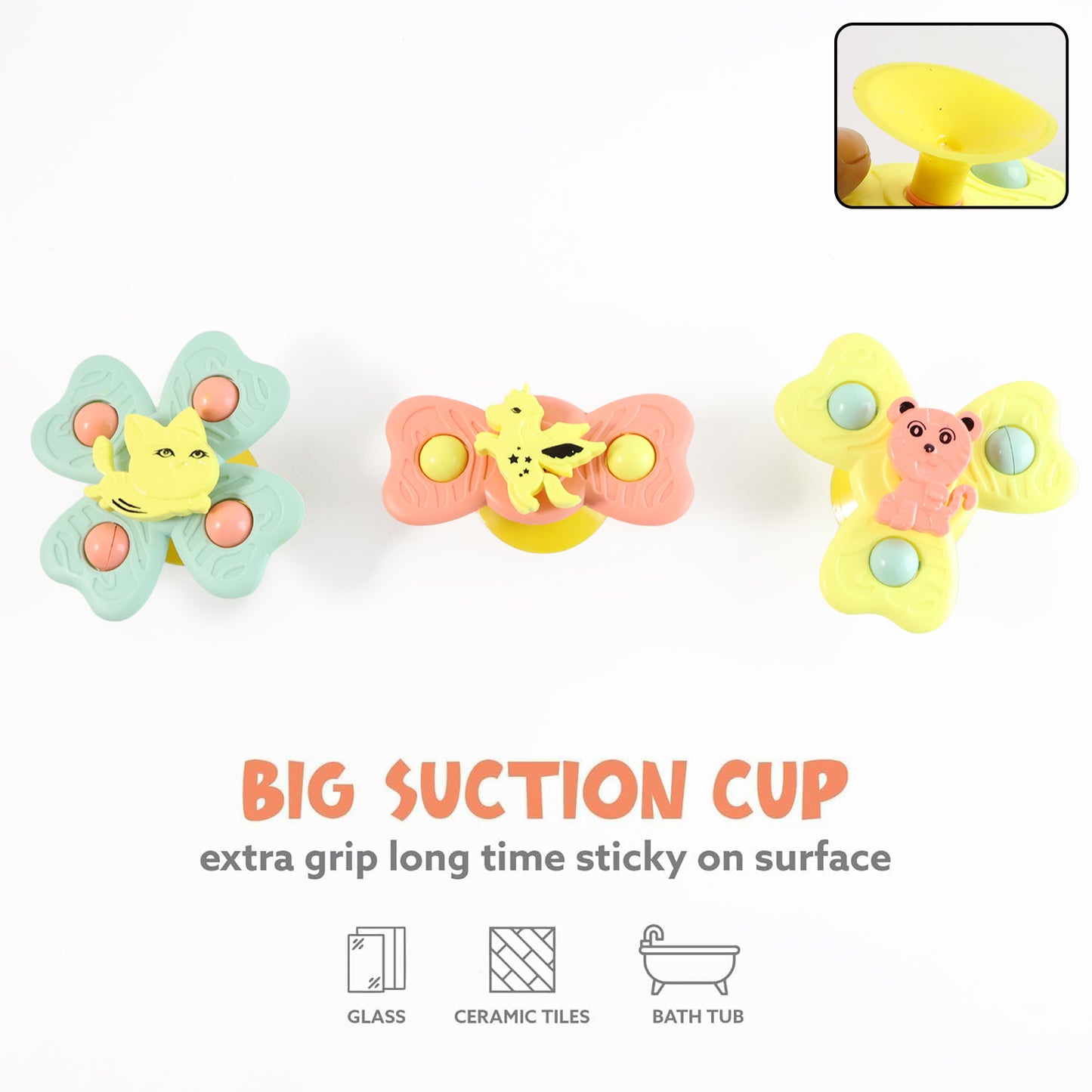 Wukusy Buzzy Baby Spinner Toy Set with three colorful suction cup spinning toys for babies and toddlers.
